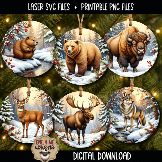 Northwoods Ornament SVG Bundle, Bear, Bison, Beaver, Deer, Wolf and Moose Laser Cut Files, Printable PNG