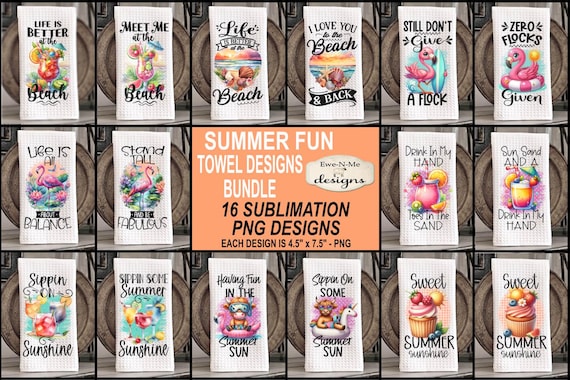 Summer Themed Kitchen Towel Sublimation Bundle - 16 Kitchen Towel Sublimation Designs - Summer Beach Drinks Kitchen Towel Design Bundle