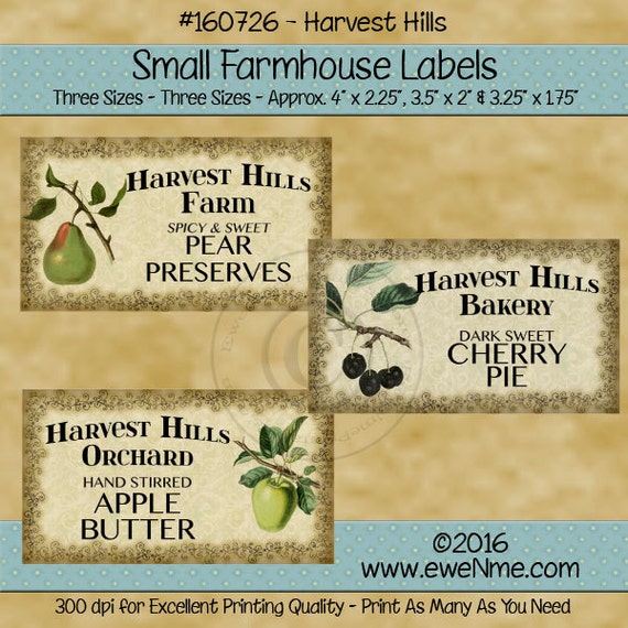 Pear Preserves, Cherry Pie and Apple Butter Primitive Rustic Style Farmhouse Label Printables - Harvest Hills Labels - PDF and/or JPG File