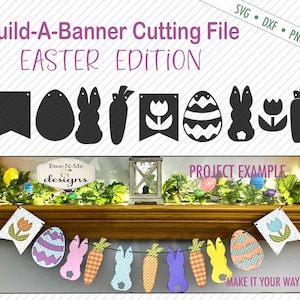 May include: A digital cut file for an Easter banner. The file includes a variety of Easter-themed shapes, including eggs, bunnies, carrots, and flowers. The banner is shown in a project example, with the shapes cut out and assembled into a festive garland.