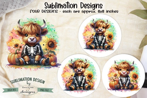 Highland Cow in Skeleton Costume Sublimation Designs - Cute Highland Cow Designs - Halloween Cows - Four PNG Designs for the Halloween Lover