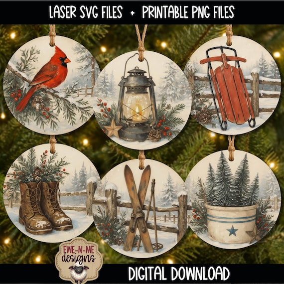 Rustic Winter Ornament Bundle - Laser SVG Files - Printable PNG Designs - Christmas Sticker Files - Primitive Christmas - Digital Download