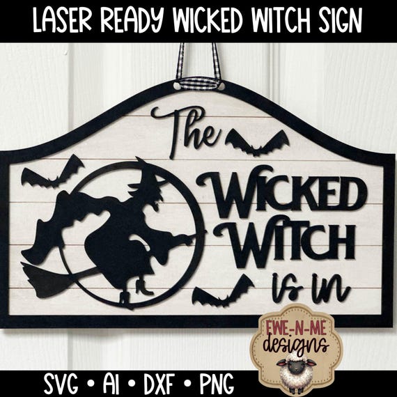 Halloween Wicked Witch Door Sign Laser Cut File with Flying Bats and Witch Silhouette | Laser Cutting file svg | Lightburn Friendly svg file