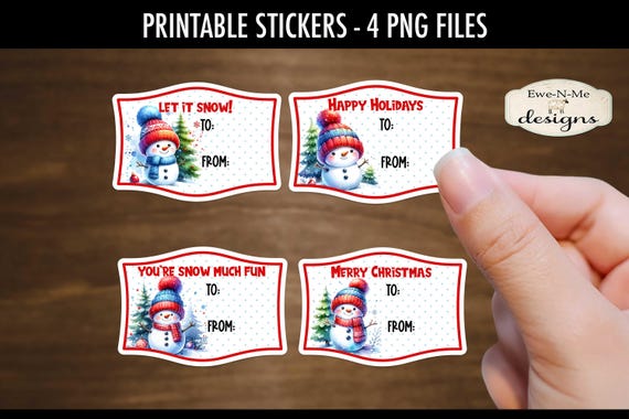 Snowman Gift Tag Stickers | 4 Snowman PNG Stickers | Print and Cut Snowman Gift Tag Stickers