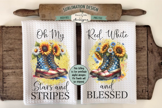 Patriotic Boots with Flowers Sublimation Design for Kitchen Towels - July 4th Kitchen Towel Designs - Red White Blue Towel PNG Design