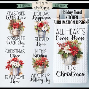 Poinsettia Kitchen Towel Sublimation Designs - Christmas Floral Towel Sublimation Bundle -  Christmas Kitchen Towel Sublimation Designs