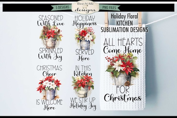 Poinsettia Kitchen Towel Sublimation Designs - Christmas Floral Towel Sublimation Bundle -  Christmas Kitchen Towel Sublimation Designs