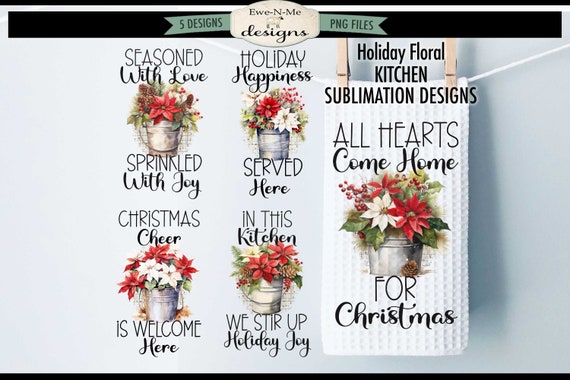 Poinsettia Kitchen Towel Sublimation Designs - Christmas Floral Towel Sublimation Bundle -  Christmas Kitchen Towel Sublimation Designs