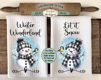 Diseños de sublimación de muñecos de nieve a cuadros búfalo - Diseños de sublimación de muñecos de nieve a cuadros búfalo blanco y negro - Sublimación de toallas de cocina PNG