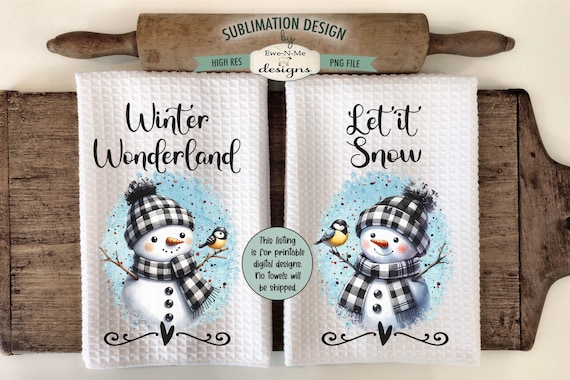 Buffalo Plaid Snowmen Sublimation Designs - Black White Buffalo Plaid Snowman Sublimation Designs - Kitchen Towel Sublimation PNG