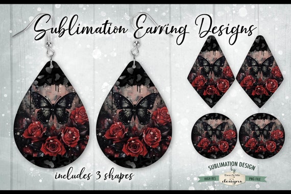 Gothic Rose Butterfly Sublimation Earring Designs | 3 PNG Shapes | Gothic Rose Valentine Earring Designs
