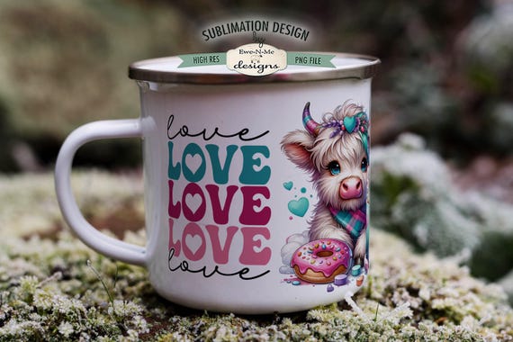 Love Love Love Valentine Highland Cow Sublimation Mug Design -  Printable 11 oz. and 15 oz. Mug Sublimation Wrap PNG