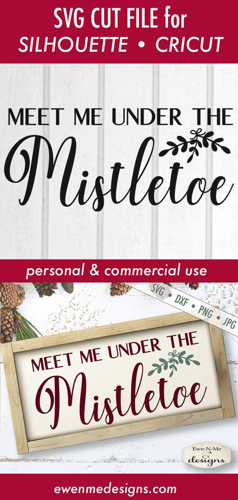 K&ouml;nnte beinhalten: Eine digitale SVG-Schnittdatei f&uuml;r Silhouette- und Cricut-Maschinen. Das Design zeigt den Text "MEET ME UNDER THE Mistletoe" in einer dekorativen Schriftart, mit einem Mistelzweig. Das Design ist f&uuml;r den pers&ouml;nlichen und kommerziellen Gebrauch.