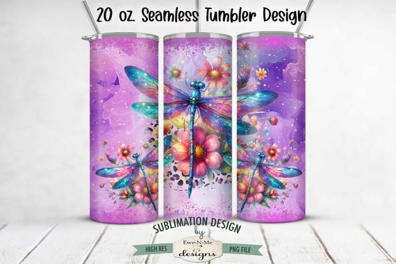 20 oz Seamless Floral Dragonfly Sublimation Tumbler Design | Purple Dragonfly Design for 20 oz. Tumbler | Floral Dragonfly Tumbler Design