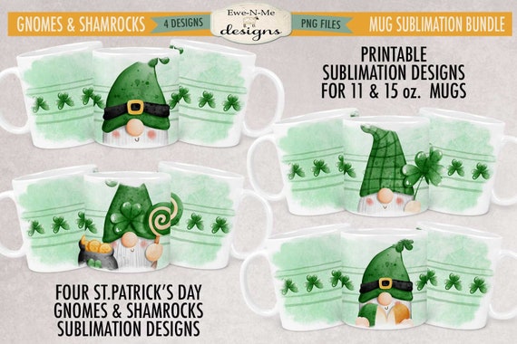 St Patricks Day Gnome Sublimation Mug Design Bundle - Printable 11 oz. and 15 oz. Mug Sublimation Wrap PNG