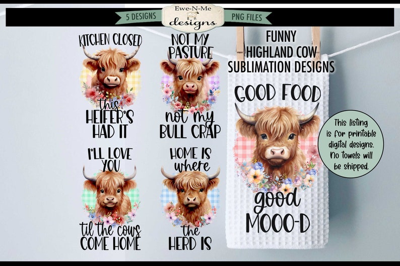 Funny Highland Cow Kitchen Towel Sublimation Bundle Highland Cow Kitchen Towel Sublimation Designs Cute and Funny Kitchen Designs image 1