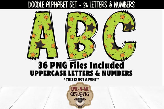 Green Halloween Stars Doodle Alphabet & Numbers | 36 PNG Files | Individual Letters and Numbers in PNG format