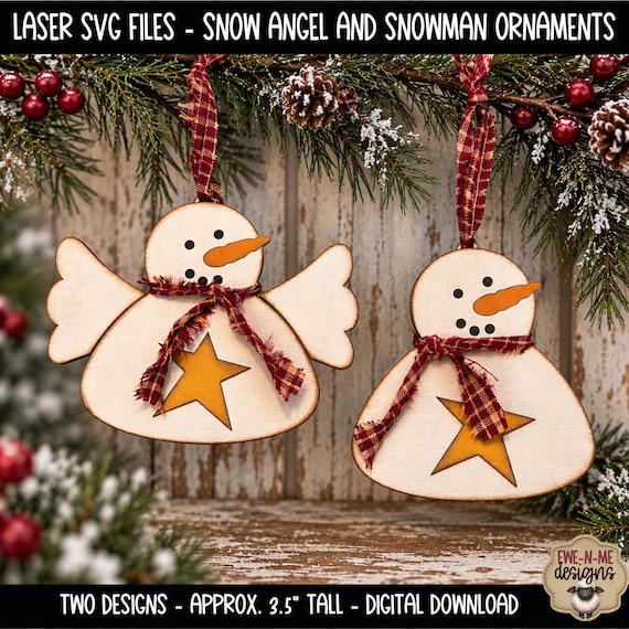 Snowman and Snow Angel Ornaments with Stars – Laser Ready SVG File Set