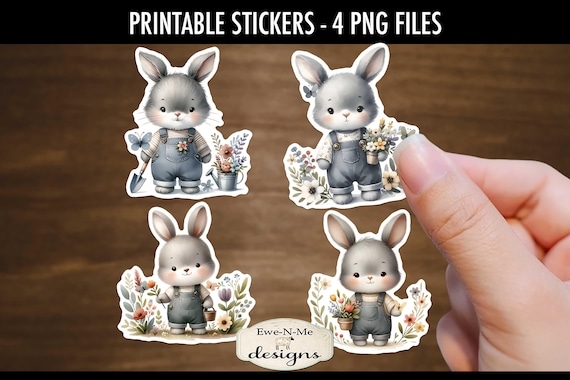 Spring Gardening Easter Bunny Printable Stickers | 4 Cute Spring Bunnies PNG Stickers | Print Cut Rabbit Stickers | Easter Spring Stickers