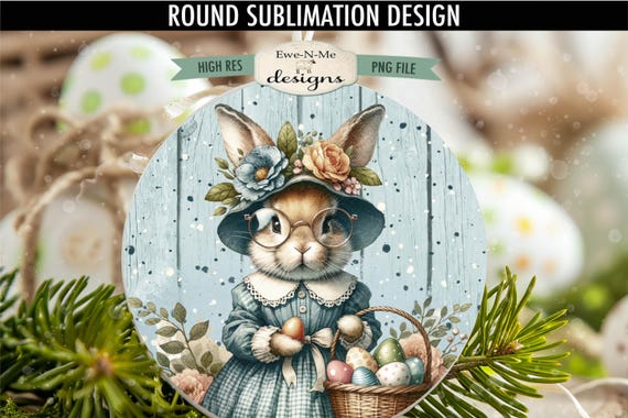 Easter Bunny Lady in Glasses Sublimation Design | Door Hanger Round | Vintage Easter Bunny Wreath Sign Printable
