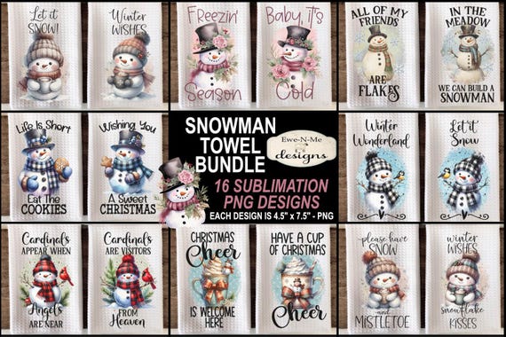 Holiday Snowmen Kitchen Towel Sublimation Bundle - 16 Snowman Kitchen Towel Sublimation Designs - Snowman Kitchen Towel Design Bundle