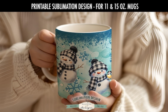 Snowmen with Buffalo Plaid Hats Sublimation Design for Mugs  | Blue Christmas Mug | Printable 11 oz. and 15 oz. Mug Sublimation Wrap PNG