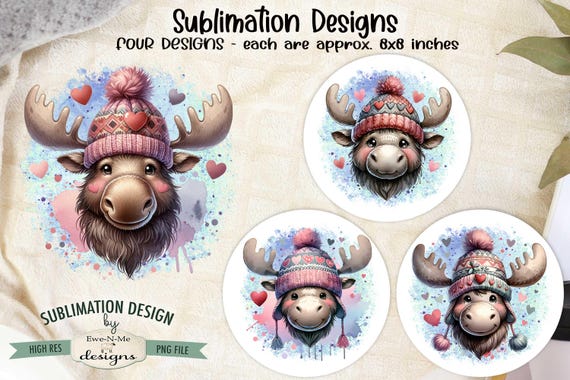 Moose with Knit Hats - Valentine Moose with Hearts Designs - Valentine Moose - Four PNG Designs for Valentine's Day