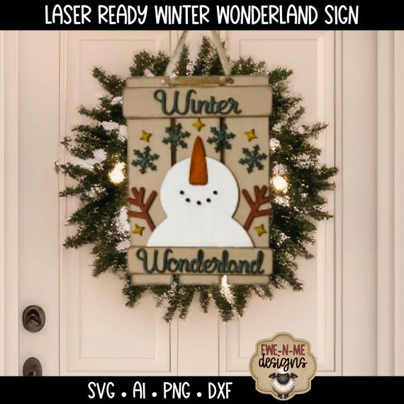 Snowman Winter Wonderland Laser Cut Door Hanger Design | Snowflake Winter Sign Digital SVG File | Lightburn Ready