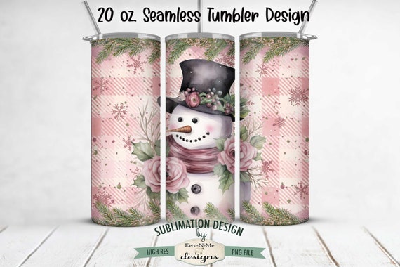 Plaid Pink Snowman SEAMLESS 20 oz. Christmas Tumbler Sublimation Design | Winter Pink Christmas Snowman Tumbler Design
