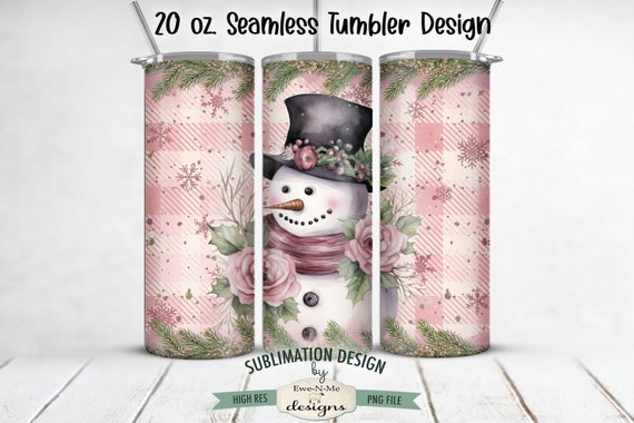 Plaid Pink Snowman SEAMLESS 20 oz. Christmas Tumbler Sublimation Design | Winter Pink Christmas Snowman Tumbler Design