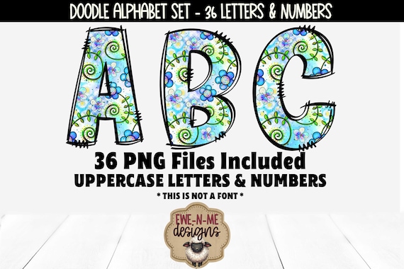 Blue Doodle Flowers Alphabet & Numbers | 36 PNG Files | Individual Letters and Numbers PNG format | Blue Green Flowers Letters and Numbers