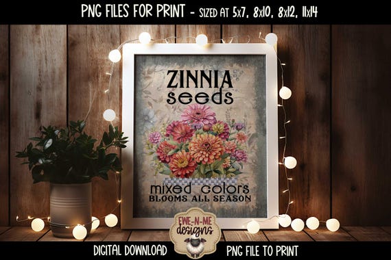 Zinnia Seeds Sublimation Design | Vintage Flower Printable  | Vintage Rustic Zinnia Flower Printable PNG Design