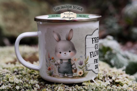 Fresh Cut Flowers Bunny in Overalls  Sublimation Design for Mugs - Spring Mug Designs - Printable 11 oz. and 15 oz. Mug Sublimation Wrap PNG