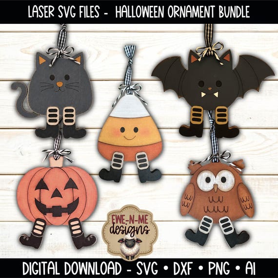 Halloween Ornament Bundle - Laser SVG Files - Jack O Lantern, Bat, Owl, Black Cat, Candy Corn - Layered Halloween Ornament SVG