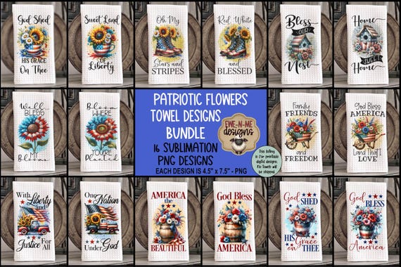 Patriotic Flowers Kitchen Towel Sublimation Bundle | 16 USA Flag & Floral Towel Designs | Fourth of July Sublimation Set