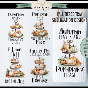 以下が含まれることがあります： 秋の段重ねトレイ昇華印刷用のデジタルデザイン。画像には、カボチャ、葉、および「Pumpkin Kisses」や「Autumn Leaves and Pumpkins Please」などのテキストを含むデザインが示されています。デザインは印刷用です。
