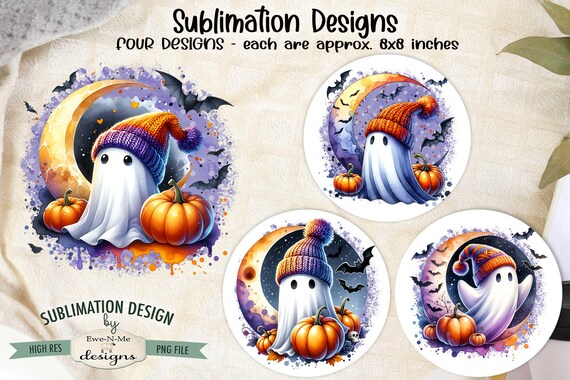 Ghosts in Knit Hats Sublimation Designs - Colorful Halloween Ghosts Designs - Halloween Ghosts in Hats - Four PNG Design for Halloween Lover