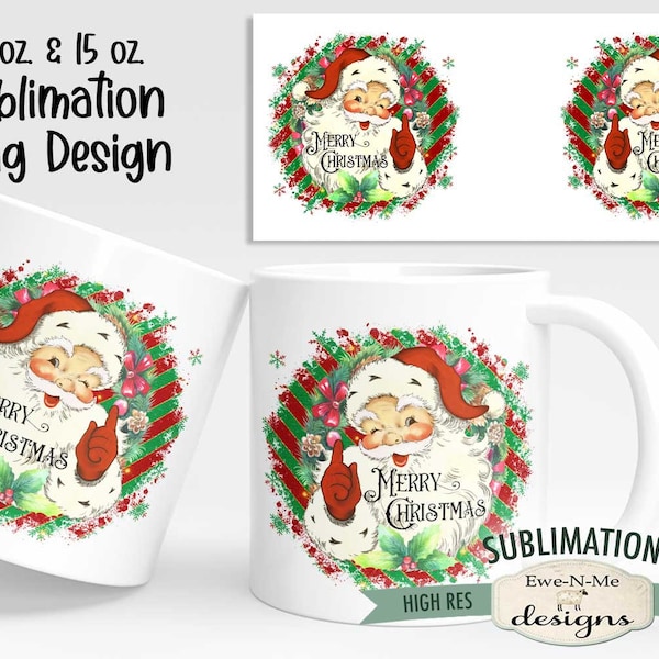 Vintage Santa Mug Design - Santa Claus Christmas Sublimation Mug Design  - 11 oz and 15 oz Sublimation Mug Designs