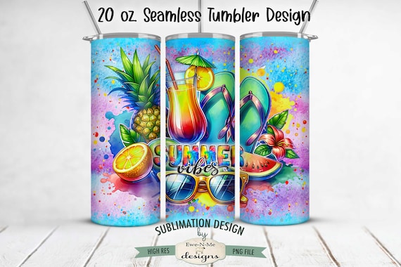 Summer Vibes Seamless Tumbler Sublimation Design - Summer - 20 oz. Seamless Tumbler Design - Summer Fruit, Flip Flops, Sunglasses