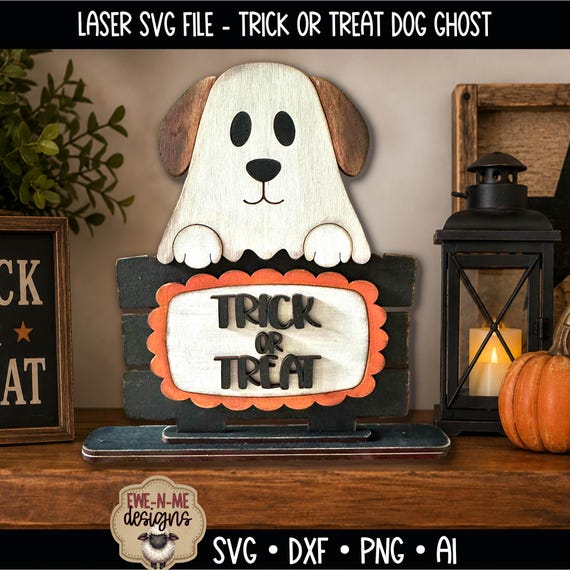 Ghost Dog Halloween Shelf Sitter SVG | Trick or Treat Dog Laser Cut File | Primitive Halloween Decor | Digital Download