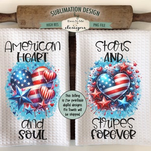 Patriotic Hearts and Stars Sublimation Design for Kitchen Towels -  July 4th Kitchen Towel Designs - Red White Blue Towel PNG Designs
