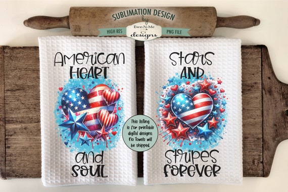 Patriotic Hearts and Stars Sublimation Design for Kitchen Towels -  July 4th Kitchen Towel Designs - Red White Blue Towel PNG Designs