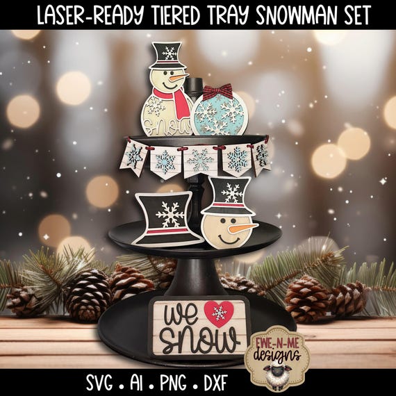 Snowman Tiered Tray Laser Cut File Set | Winter Farmhouse Decor svg, dxf, ai, png | Compatible with Glowforge & Lightburn and more