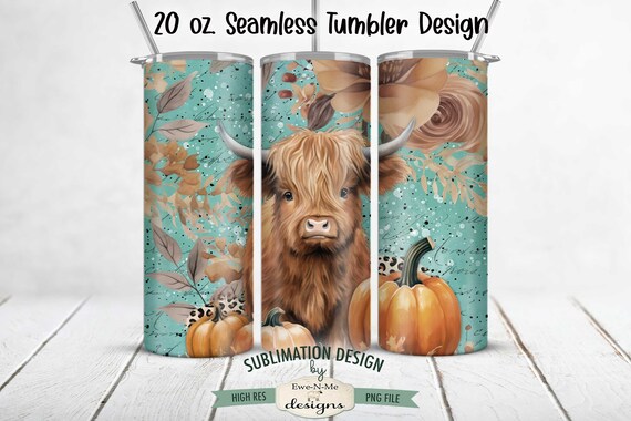 Fall Highland Cow 20 oz Tumbler Sublimation Design - Seamless Fall 20 oz. Tumbler Design