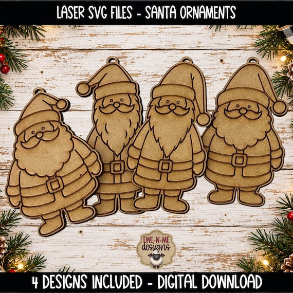 Santa Ornaments - 4 Laser Ready SVG Files - Christmas Cut and Engrave Designs