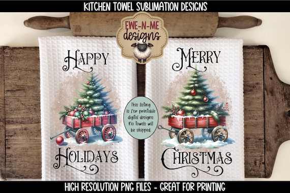 Red Wagon with Christmas Tree Towel Sublimation Designs - Merry Christmas Happy Holidays Kitchen Towel PNG - Old Fashioned Christmas Designs
