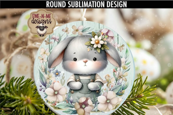 Bunny In Overalls Spring Sublimation Design | Door Hanger Round | Cute Easter Bunny Wreath Sign Printable | Floppy Ear Rabbit