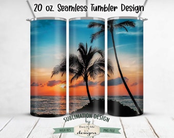 Palm Trees Ocean  Beach SEAMLESS Tumbler Sublimation Design - Summer Vacation - PalmTree Sunset - Sublimation 20 oz. Tumbler