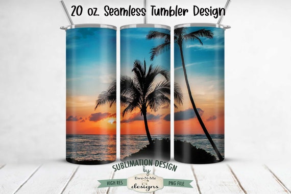 Palm Trees Ocean  Beach SEAMLESS Tumbler Sublimation Design - Summer Vacation - PalmTree Sunset - Sublimation 20 oz. Tumbler