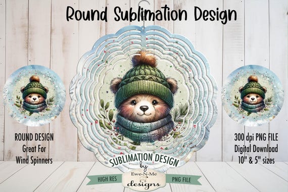 Cute Bear In Winter Hat Wind Spinner Sublimation Design | Round Bear in Knit Hat Sublimation Design | Christmas Sublimation Design